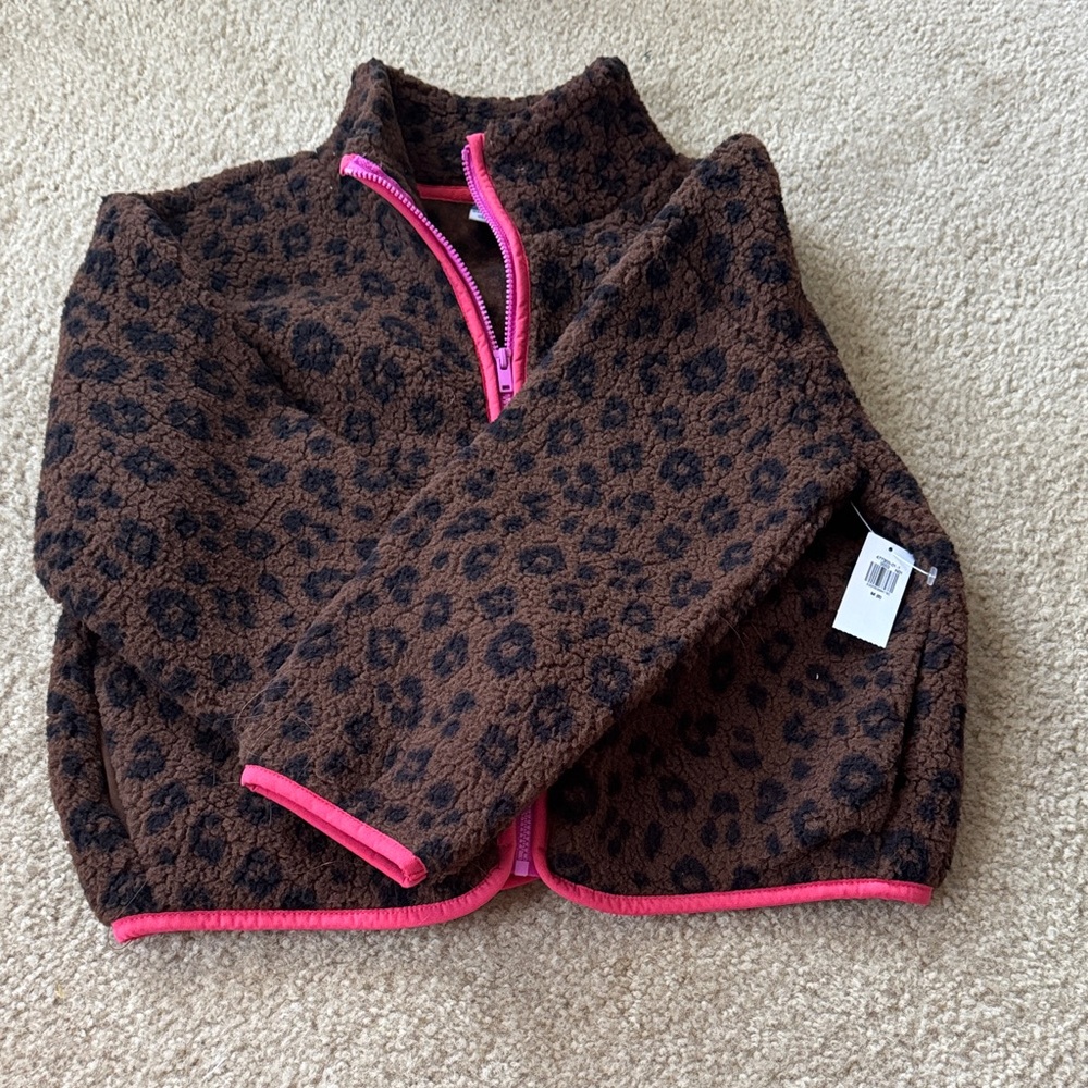 Old navy girls size M Brown Leopard Print Fleece Jacket with Pink Trim